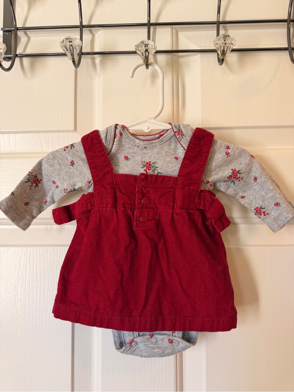 Red Corduroy Pinafore Matching Set with Gray Floral Bodysuit